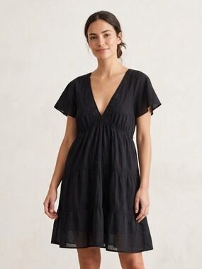 See By Chloe Black V-Neck Tiered Midi Dress with Flutter Sleeves
